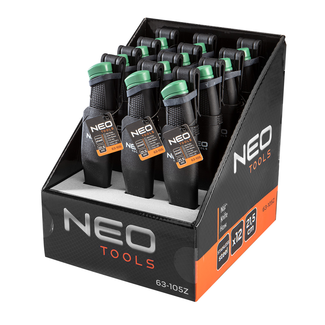 TOP-63-105Z--Nóż Finka 21.5 cm, stal 3Cr13, ostrze 9.5 cm, uchwyt PP+TPR, plastikowy pouch z zaczepem na pasek, display 12 szt.