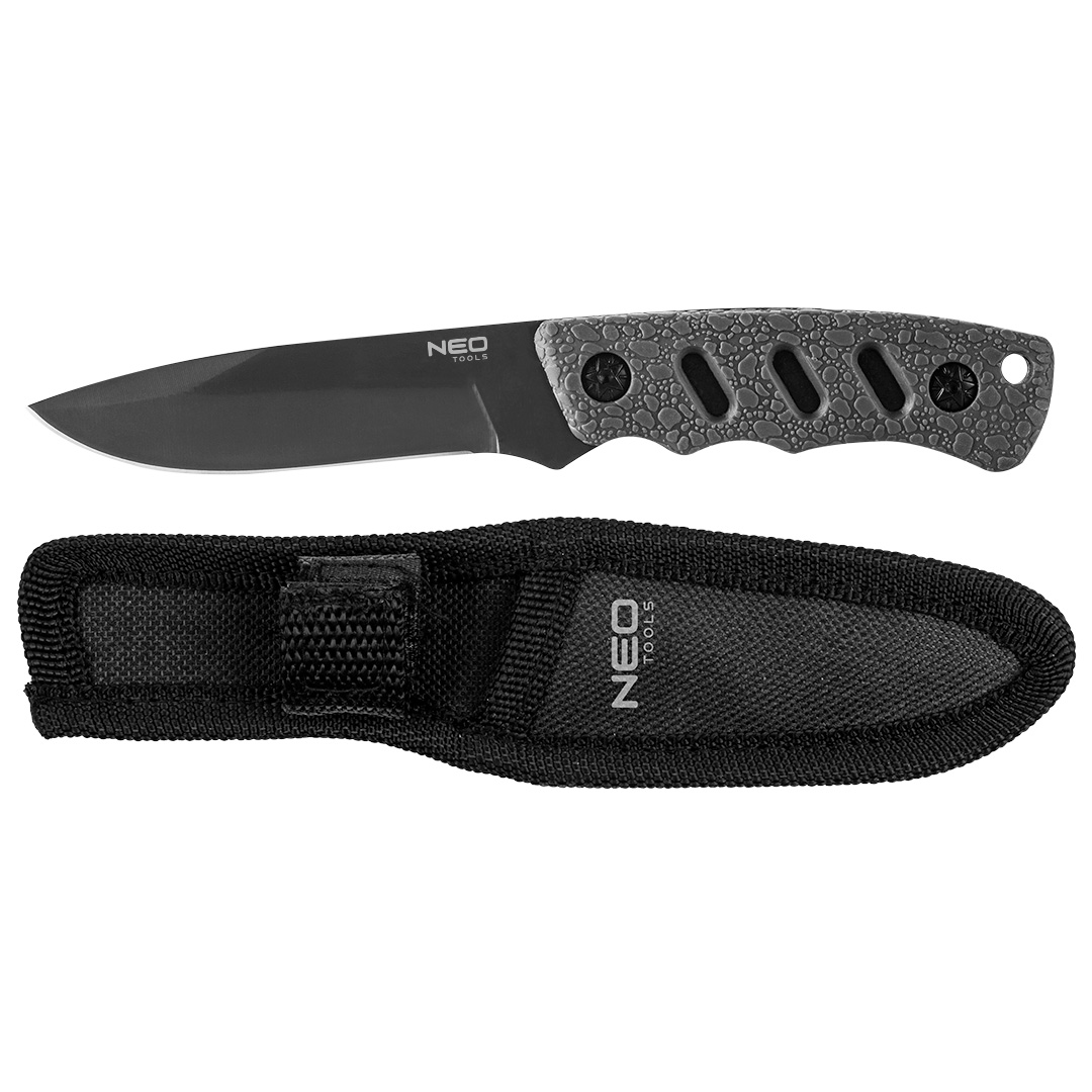 TOP-63-106--Nóż bushcraftowy długośc 16.5 cm, konstrukcja full tang, ostrze 9.4cm, uchwyt gumowany TPR, stal nierdzewna 3Cr13, pouch nylonowy