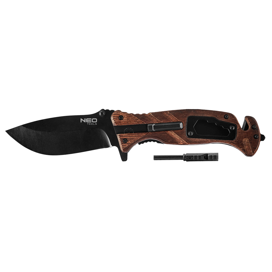 TOP-63-107--Nóż survivalowy składany 22 cm, ostrze 9 cm, składan konstrukcja, stal nierdzewna 420, multifunkcyjna, nóż, gwizdek, krzesiwo, klucz oczkowy, nóż do pasów, zbijak szyb, zaczep na pasek, uchwyt z materiału sztucznego