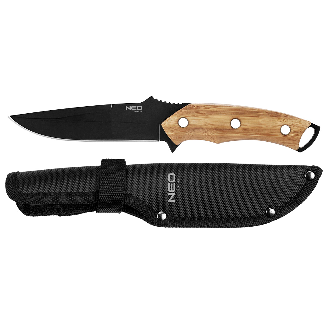 TOP-63-110--Nóż taktyczny długość 25 cm, konstrukcja full tang, ostrze 14.5cm, uchwyt z bambusa, stal nierdzewna 3Cr13, ostrze pokryte tytanem, pouch nylonowy