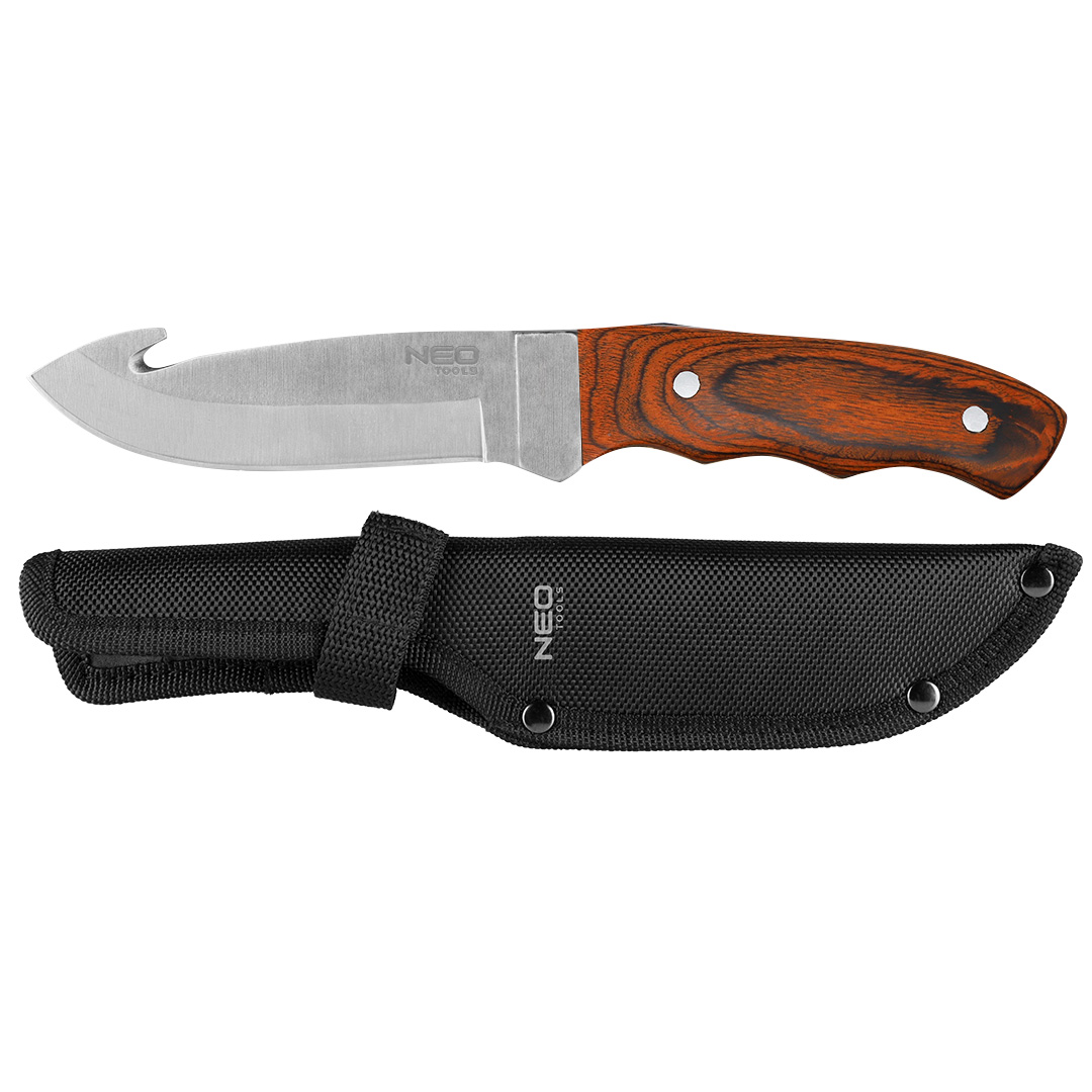 TOP-63-116--Nóż survivalowy długość 24 cm, konstrukcja full tang, ostrze 13cm, uchwyt z drewna, stal nierdzewna 3Cr13, ostrze pokryte satyną, otwieracz butelek w ostrzu, pouch nylonowy