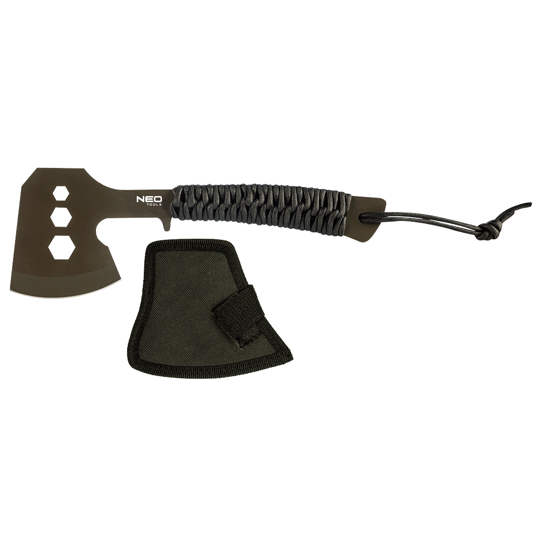 TOP-63-118--Siekiera biwakowa długość 26cm, ostrze długość 8 cm, stal nierdzewna 3Cr13, uchwyt z linki paracord, uchwyt na nadagarstek, stal pokryta satynowym wykończeniem, nylonowy pouch, w głowni 3 otwory do odkręcania śrub M10, M13, M16