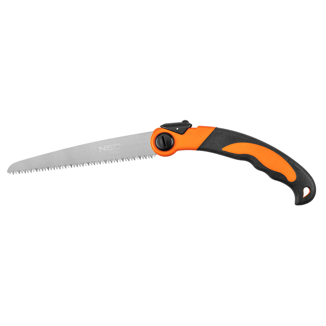 TOP-63-120--Piła ręczna bushcraftowa ostrze 43 cm, składana konstrukcja, dwie pozycje blokady, uchwyt gumowany, stal SK4, twardość HRC66, trzy rzędy zębów, długość całkowita 435mm