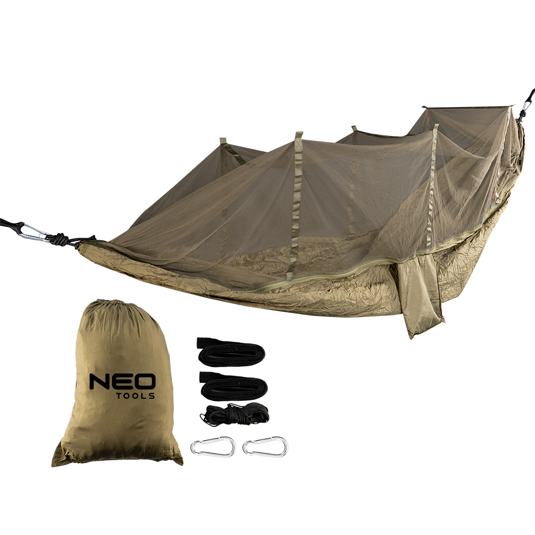 TOP-63-123--Hamak z moskitierą rozmiar 330 x 140 cm udźwig 200kg, materiał nylon 210T, zawiera hamak, moskitierę, taśmy do hamaków 2 szt., linki 2szt., karabińczyki 2 szt. worek do przenoszenia, kolor zielony