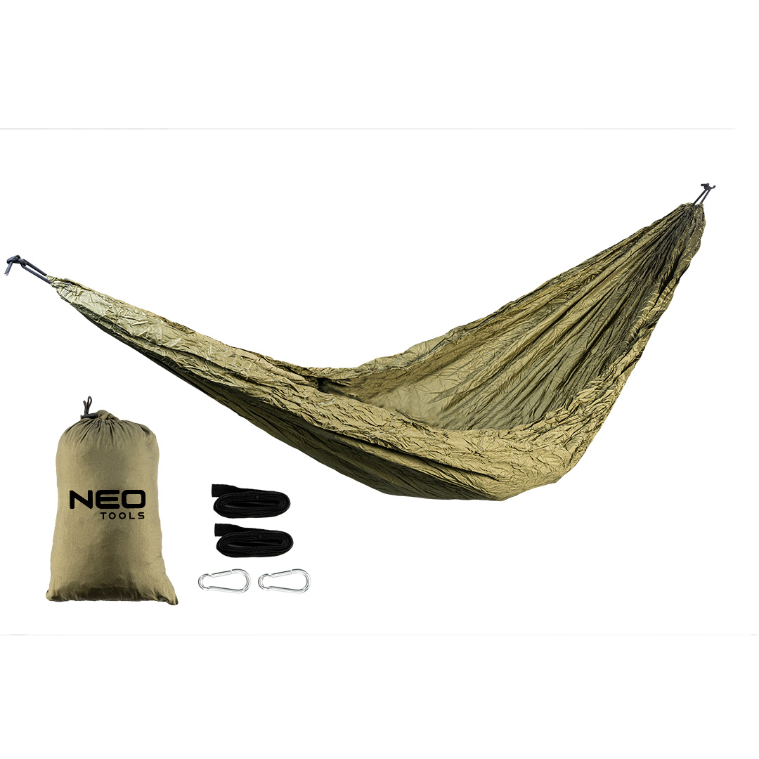 TOP-63-124--Hamak rozmiar 330 x 140 cm udźwig 200kg, materiał nylon 210T, zawiera hamak, taśmy do hamaków 2 szt., karabińczyki 2 szt. worek do przenoszenia, kolor zielony