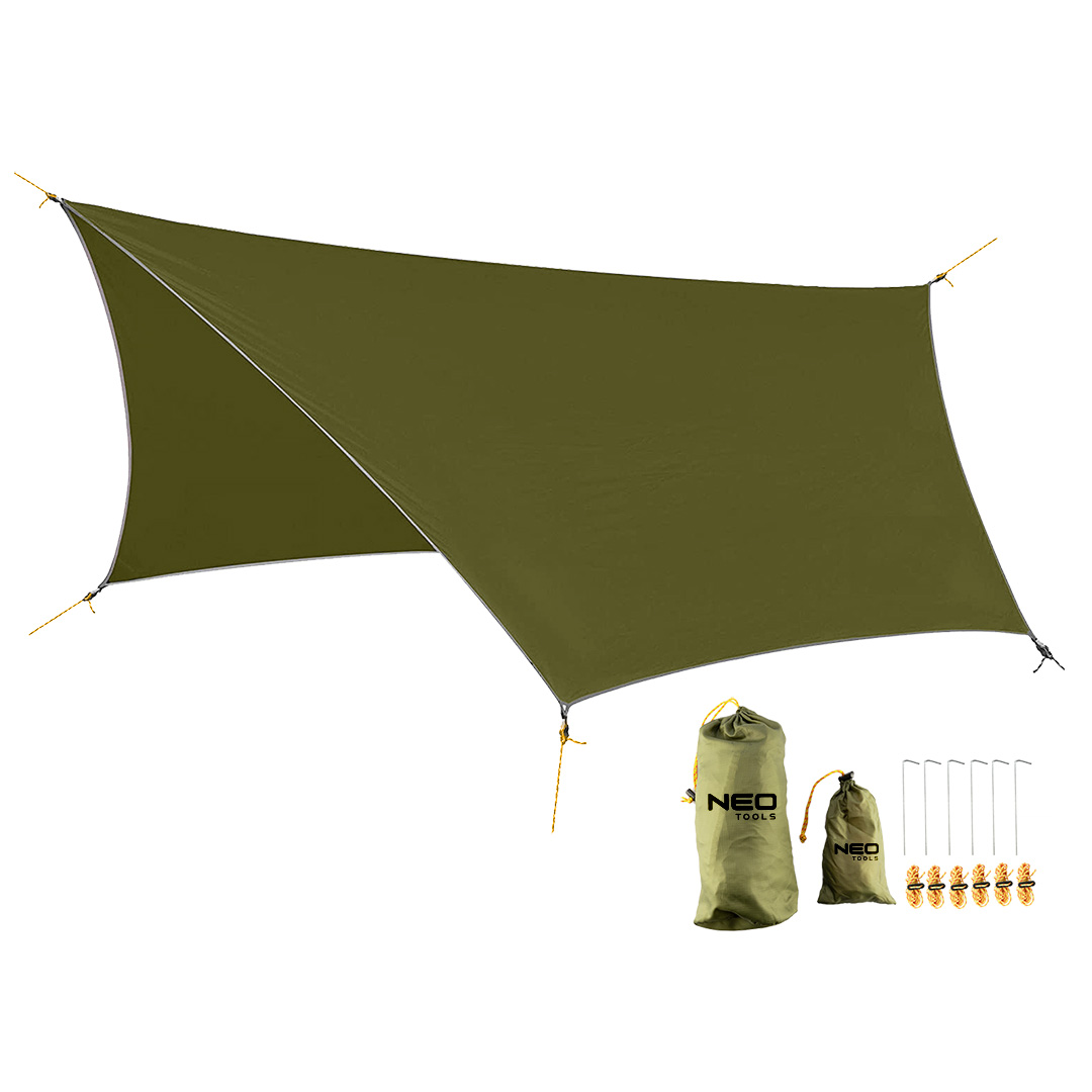 TOP-63-130--Tarp wodoodporny rozmiar 360 x 290 cm, materiał poliester 210T, wodoodporność 2000PU, 6 aluminiowych oczek, zestaw zawiera tarp, haki 4 sztuki, linki 6 sztuk, torby 2 sztuki, kolor zielony