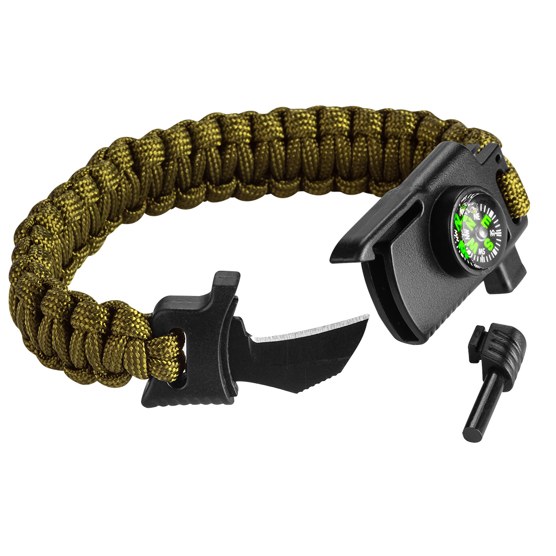 TOP-63-140--Bransoletka survivalowa 5 w 1 zawiera line paracord, krzesiwo, kompas, nóż, gwizdek. Lina 3.5m, wytrzymałość liny 250 kg, szerokość bransoletki 26mm, obwód 240mm, krzesiwo 5x20mm, kolor zielony