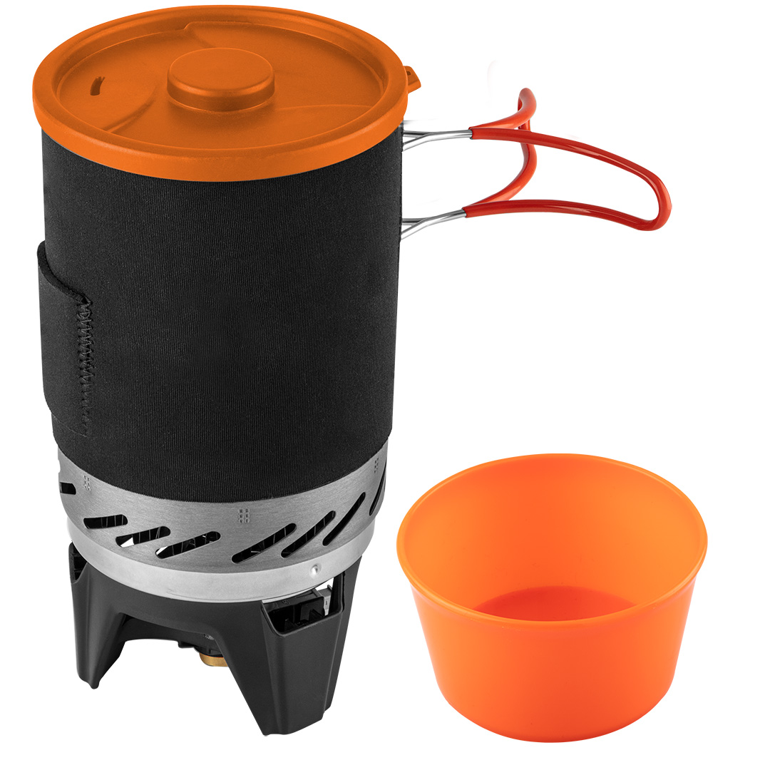 TOP-63-151--Kuchenka turystyczna 3 w 1 garnek, palnik, talerz, piezzo, regulowany strumień gazu, waga 510g, moc 2.2kW, 158g/h, materiał garnka anodyzowane aluminium, materiał talerza tworzywo sztuczne, radiator +30% mocy, pojemność talerza 400ml, uchwyty składan