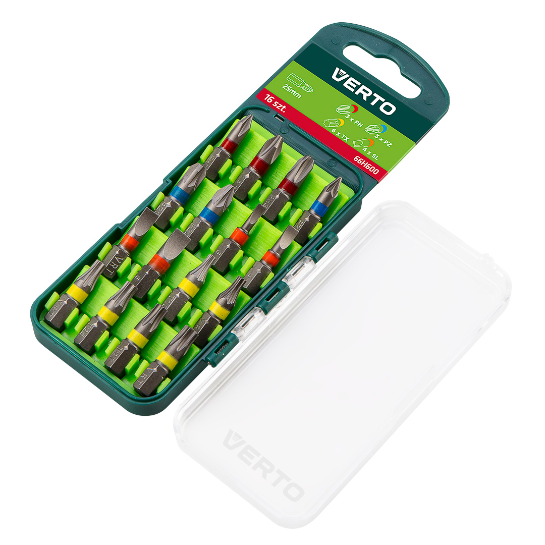 TOP-66H600--Zestaw bitów 16 szt., 25 mm -  3 x PH, 3 x PZ, 4 x SL, 6 x TX (CrV)