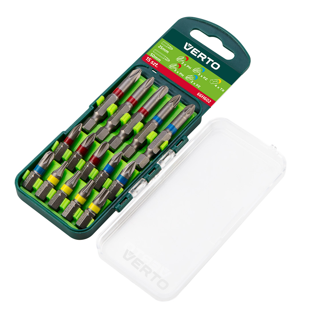 TOP-66H602--Zestaw bitów 15 szt., 25 mm -  3 x PH, 3 x PZ, 4 x TX + 50 mm - 3 x PH, 2 x PZ (CrV)