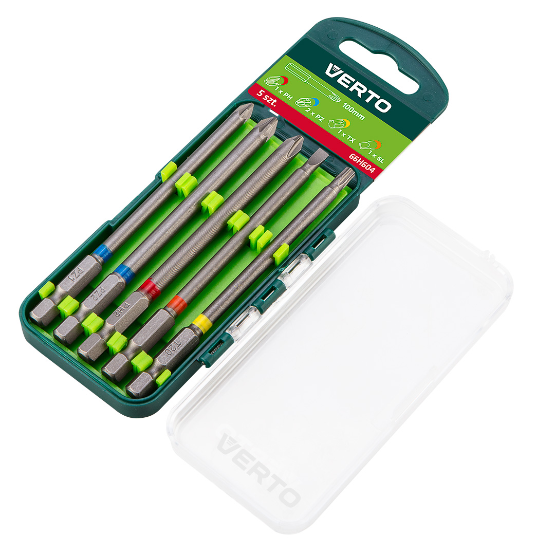 TOP-66H604--Zestaw bitów 5 szt., 100 mm  -  1 x PH, 2 x PZ, 1 x SL, 1 x TX (CrV)