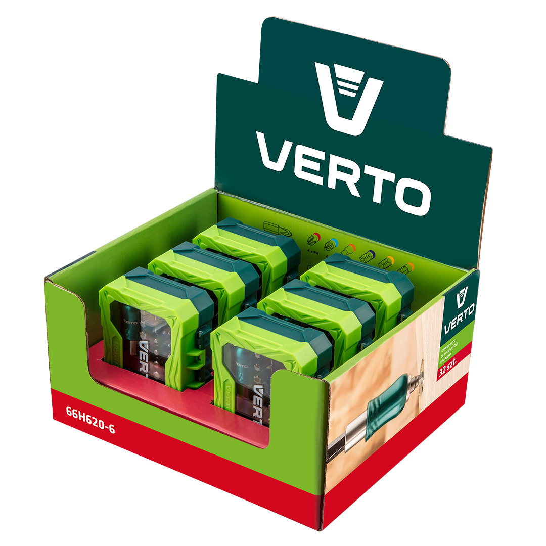 TOP-66H620-6--Display box 6 x 66H620 (Zestaw bitów 32 szt., 25 mm -  4 x PH, 4 x PZ, 4 x SL, 4 x HEX, 7 x TX, 7 x TT + uchwyt magnetyczny, adapter do nasadek (CrV))
