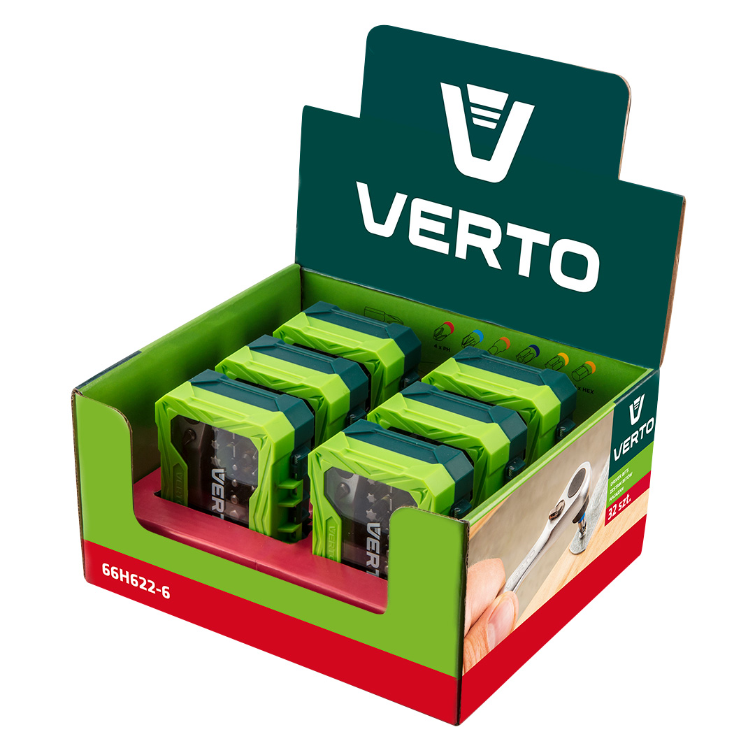 TOP-66H622-6--Display box 6 x 66H622 (Zestaw bitów 32 szt., 25 mm -  4 x PH, 4 x PZ, 4 x SL, 4 x HEX, 7 x TX, 7 x TT + grzechotka do bitów, uchwyt magnetyczny (CrV))