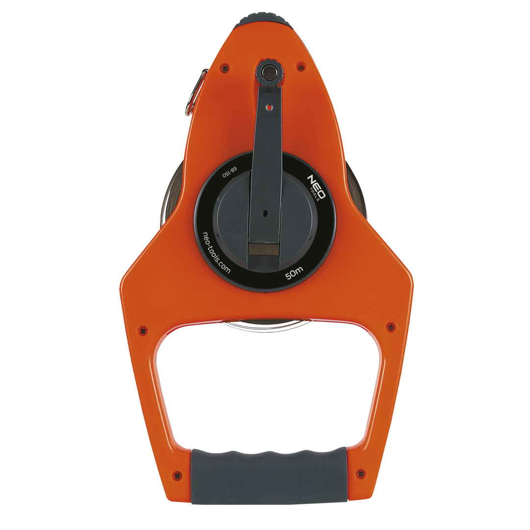 TOP-68-150--Taśma miernicza stalowa 50 m x 13 mm, obudowa z tworzywa, uchwyt dwumateriałowy, nylonowa powłoka chroniąca podziałkę przed starciem, zaczep końcowy, przesunięty punkt "0", przekładnia napędu zwijania 3:1