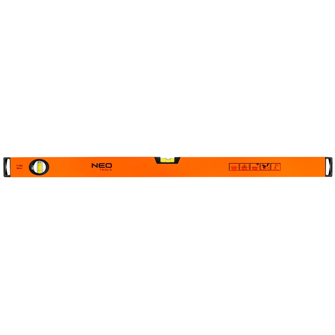 TOP-71-083--Poziomnica aluminiowa, 2 libelle, frezowana dolna powierzchnia, 80 cm, Aluminiowy profil o grubości 1.2 mm, Dokładność 0.5 mm/m, 2 libelki: pion, poziom, Libelki z materiału odpornego na uderzenia, Ciecz odporna na promieniowanie UV, Frezowana dolna 