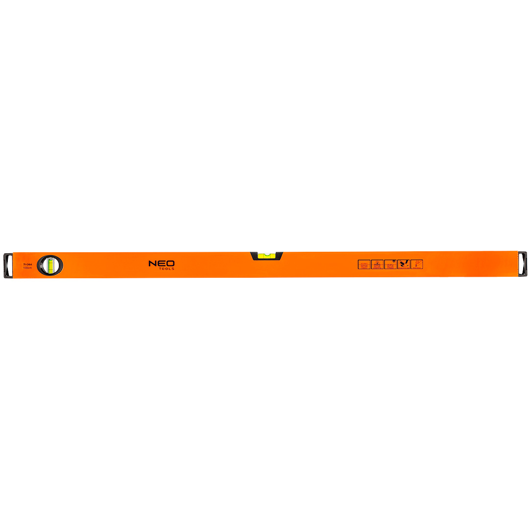 TOP-71-084--Poziomnica aluminiowa, 2 libelle, frezowana dolna powierzchnia, 100 cm, Aluminiowy profil o grubości 1.2 mm, Dokładność 0.5 mm/m, 2 libelki: pion, poziom, Libelki z materiału odpornego na uderzenia, Ciecz odporna na promieniowanie UV, Frezowana dolna
