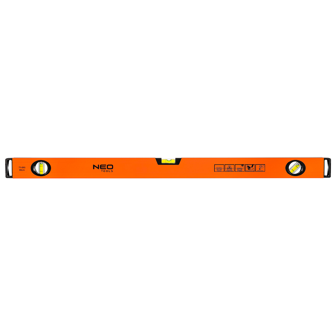 TOP-71-093--Poziomnica aluminiowa, 3 libelle, frezowana dolna powierzchnia, 80 cm, Aluminiowy profil o grubości 1.5 mm, Dokładność 0.5 mm/m, 3 libelki: pion, poziom i 45°, Libelki z materiału odpornego na uderzenia, Ciecz odporna na promieniowanie UV, Frezowana 