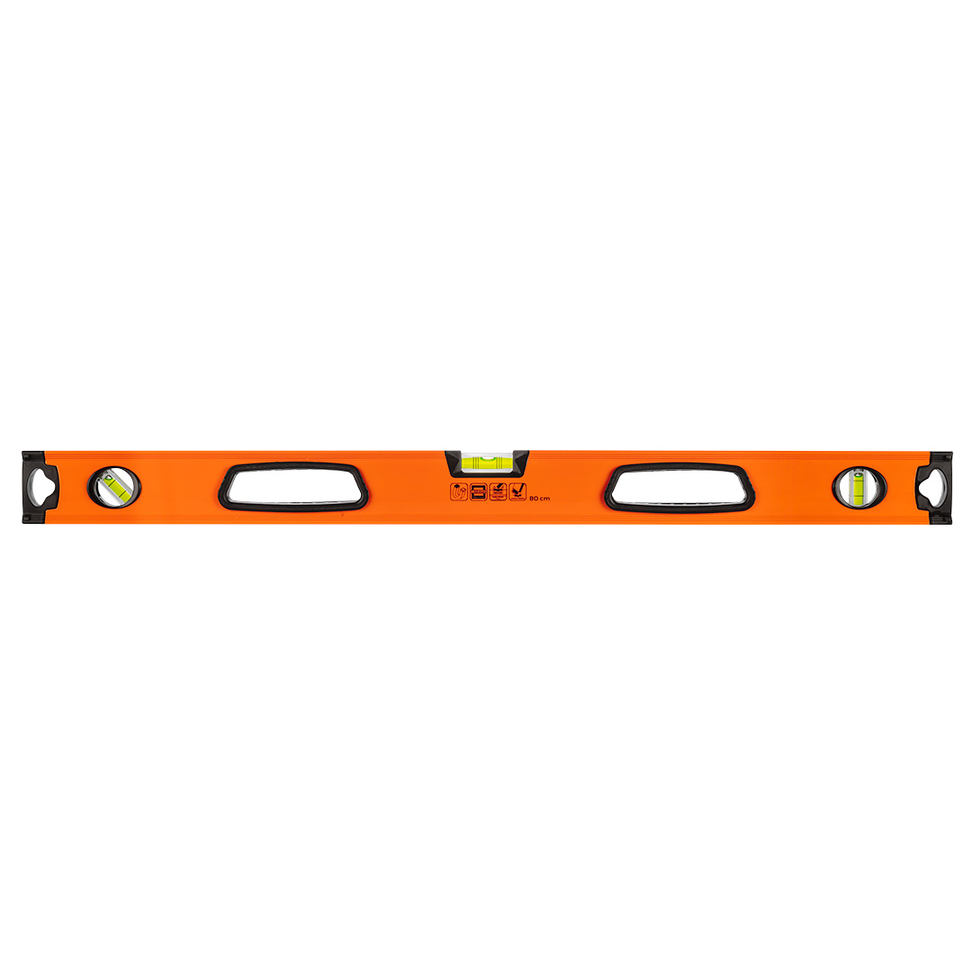 TOP-71-113--Poziomnica aluminiowa z uchwytem, 3 libelle, magnes, frezowane powierzchnie miernicze, 80 cm, Aluminiowy profil o grubości 1.3 mm, Dokładność 0.5 mm/m, 3 libelki: pion, poziom i 45°, Libelka pozioma z 6 liniami do poziomu oraz spadków 1% i 2%, Libelk