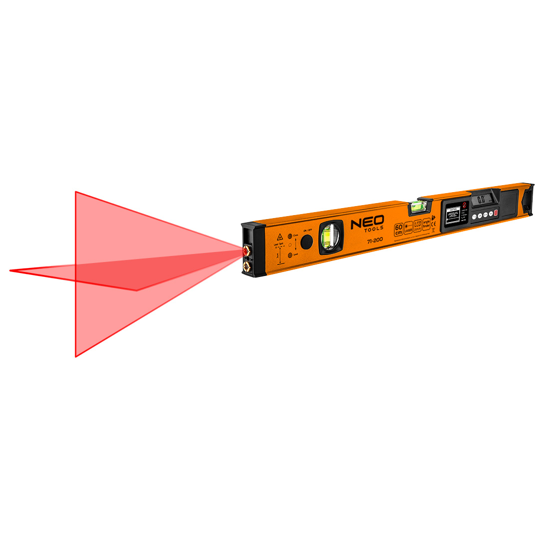 TOP-71-200--Poziomnica z wyświetlaczem elektronicznym 60 cm, aluminiowy profil, dokładność pomiaru kąta dla: 0°i 90°0.1°, dokładność pomiaru kąta dla: 1°÷89°0.2°, dokładność pomiaru libellą dla położenia poziomego: 0.029°=0.50mm/m, dokładność pomiaru libellą dla