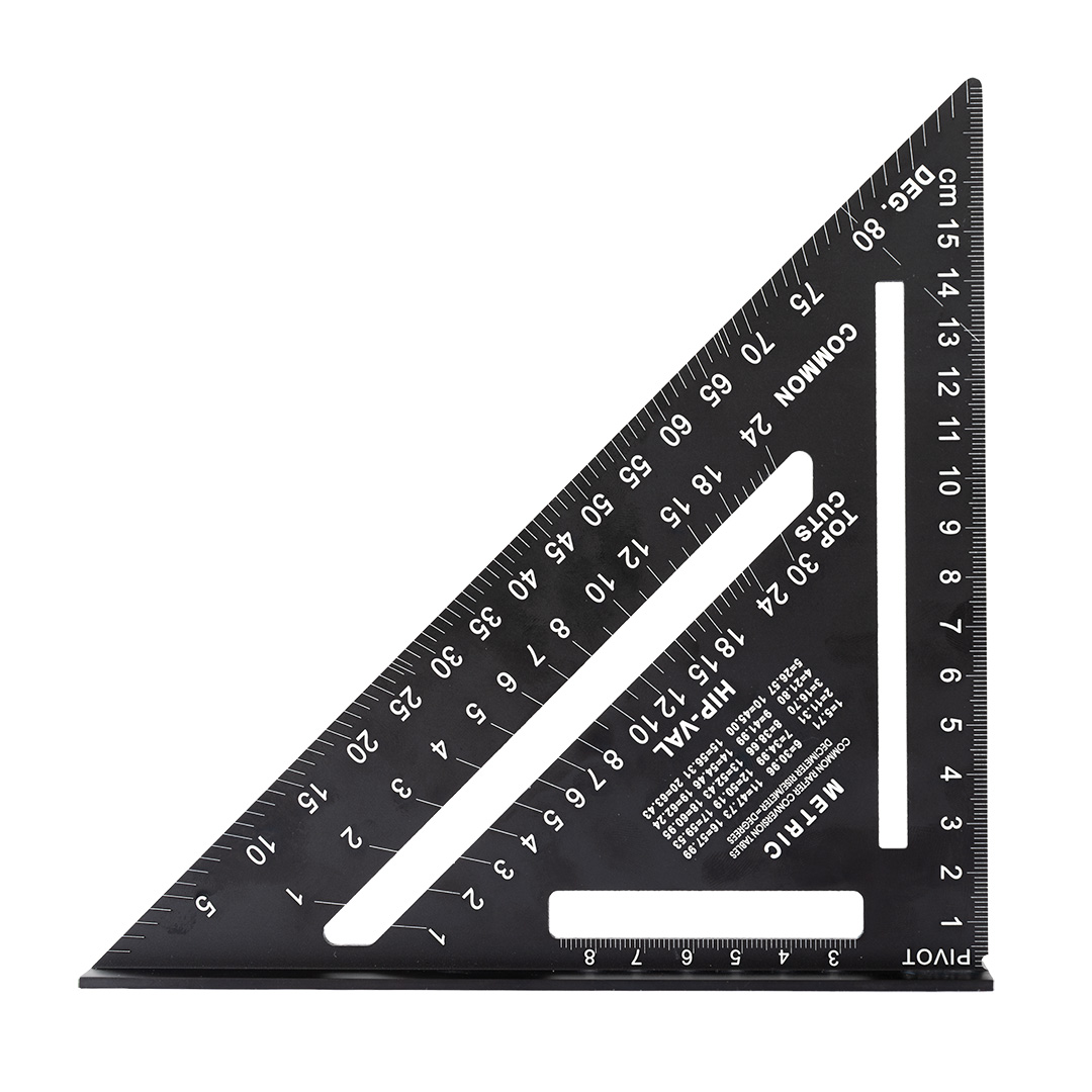 TOP-72-102--Kątownik 15 cm, wykonany z aluminium, wymiary 18,3x18,3x2,2 cm, do szybkiego wyznaczania kątów 45 i 90°, podziałka w cm i calach, specjalistyczne podziałki kątowe przeznaczone do pomiarów wykonywanych przy pracach dekarskich i ciesielskich