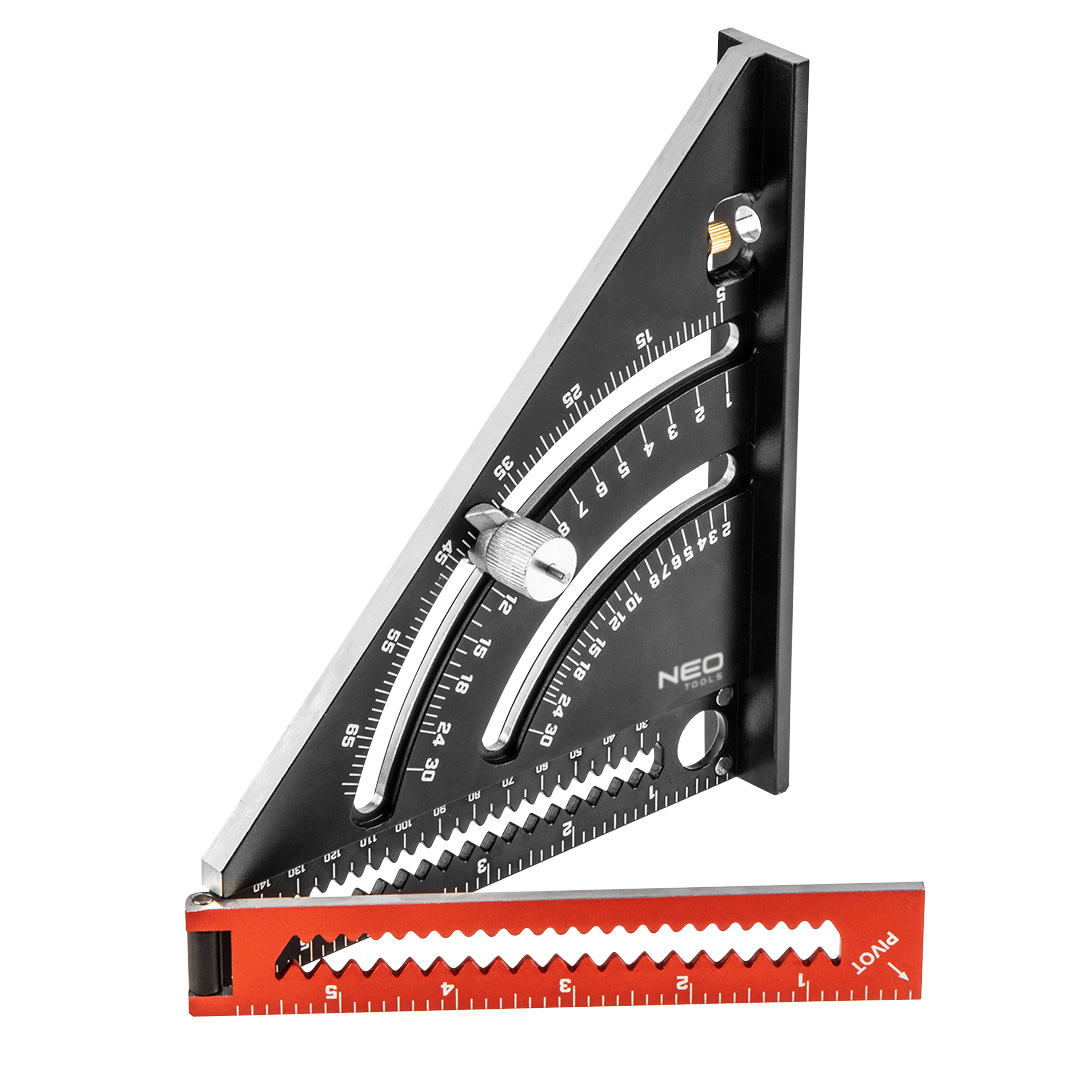 TOP-72-105--Kątownik z linijką, wykonany z aluminium, znacznik ze stali nierdzewnej, wysokość kątownika 185 mm, długość po rozłożeniu linijki 317 mm, składana linijka zamykana na magnes, zwiększa zakres pomiaru, powłoka elektroforetyczna kątownika zapewnia trwał