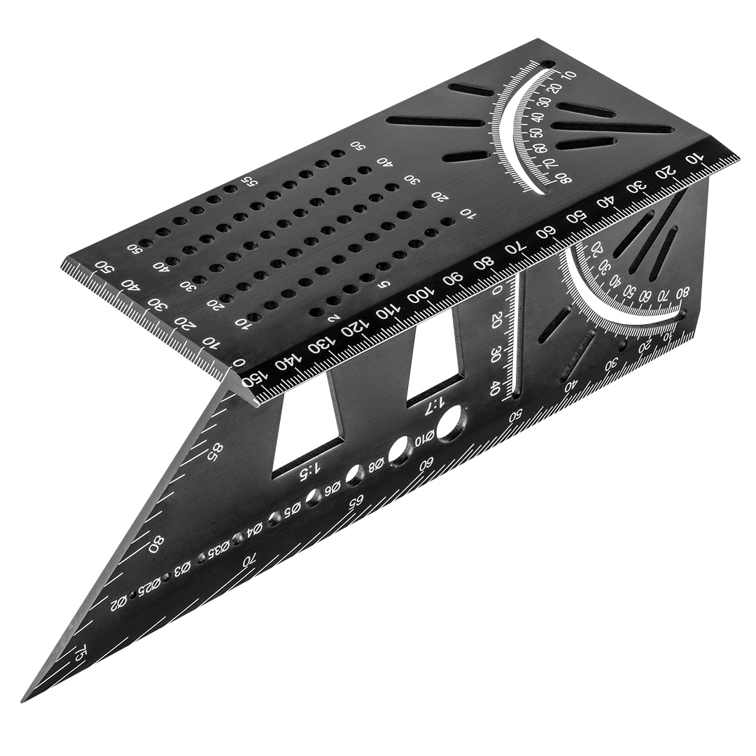 TOP-72-115--Kątownik japoński trójwymiarowy, metalowy, stop aluminium, wymiary: 72 x 155 x 215 x 62 mm, kątownik umożliwia pracę z materiałami 3D takimi jak belki drewna, rury, ogranicznik kąta 45° i 90°, kątomierz, możliwość określenie rozmiaru wiertła, możliwo