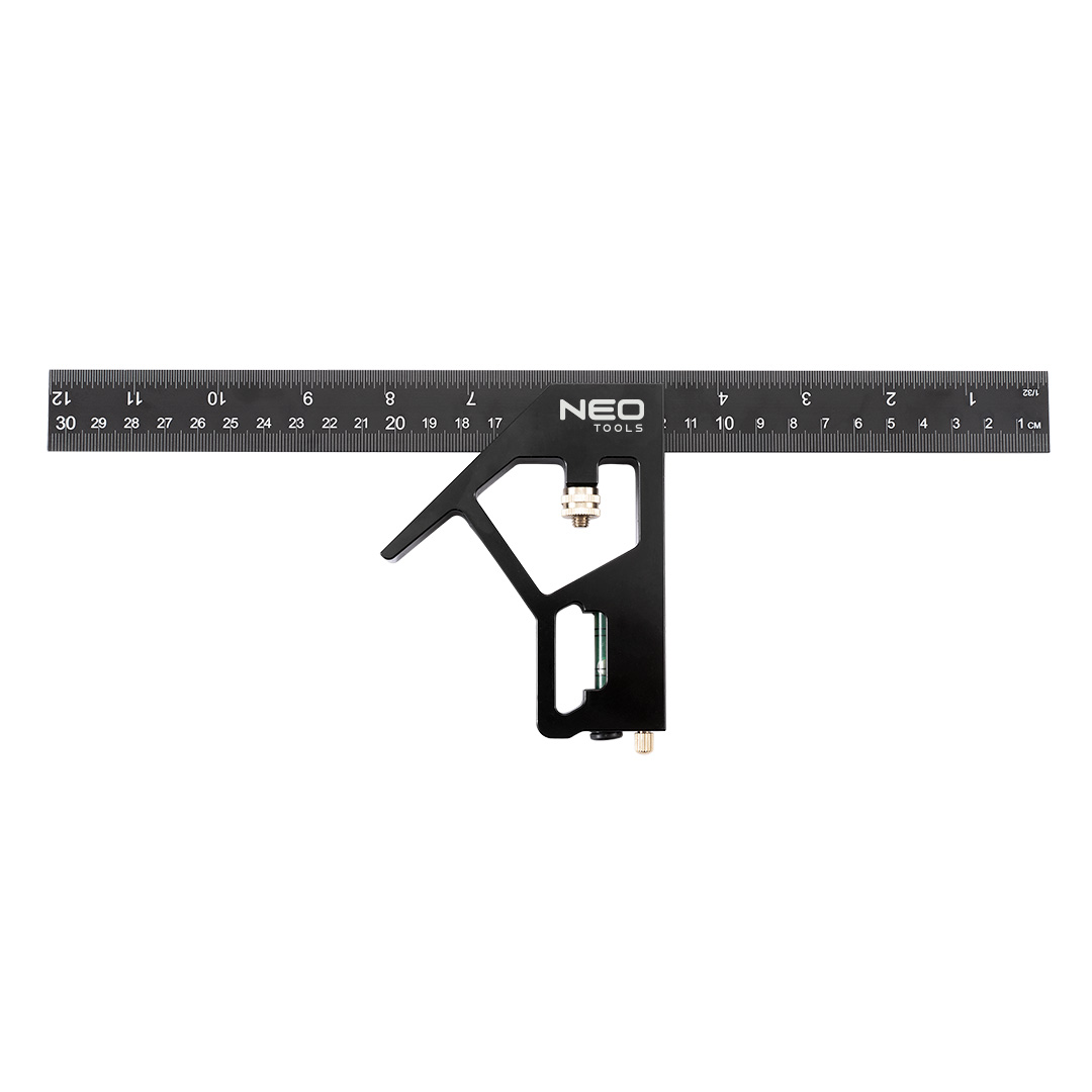 TOP-72-127--Kątownik wielofunkcyjny aluminiowy 30 cm, całość wykonana ze stopu aluminium, mosiężny rysik traserski i radełkowana nakrętka, podziałka w cm i inch, trwała, tłoczona podziałka, libelka w uchwycie
