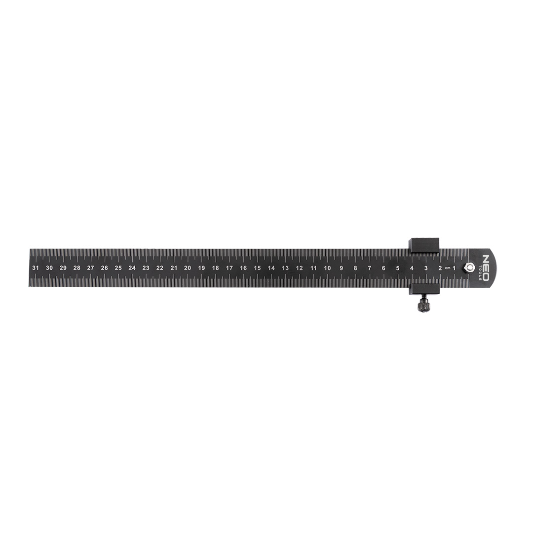 TOP-72-200--Linijka z ogranicznikiem, 30 cm, linijka wykonana ze stali nierdzewnej, ogranicznik wykonany z aluminium, regulowany ogranicznik wykonany z wysokiej jakości aluminium, stalowy rysik traserski, skala w cm po obu stronach linijki