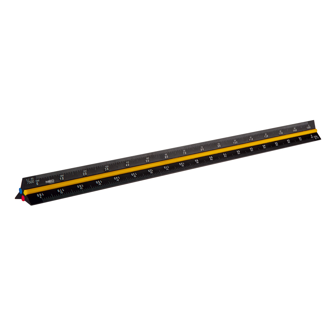 TOP-72-205--Linijka trójkątna, 30 cm, znaczniki kolorystyczne wykonane z PCV, wykonane z wysokiej jakości anodowego aluminium, boki linijki oznaczone kolorami w zależności od skali dla łatwego wyboru pożądanej skali: czerwony- skala 1:100; 1:200, niebieski- skal