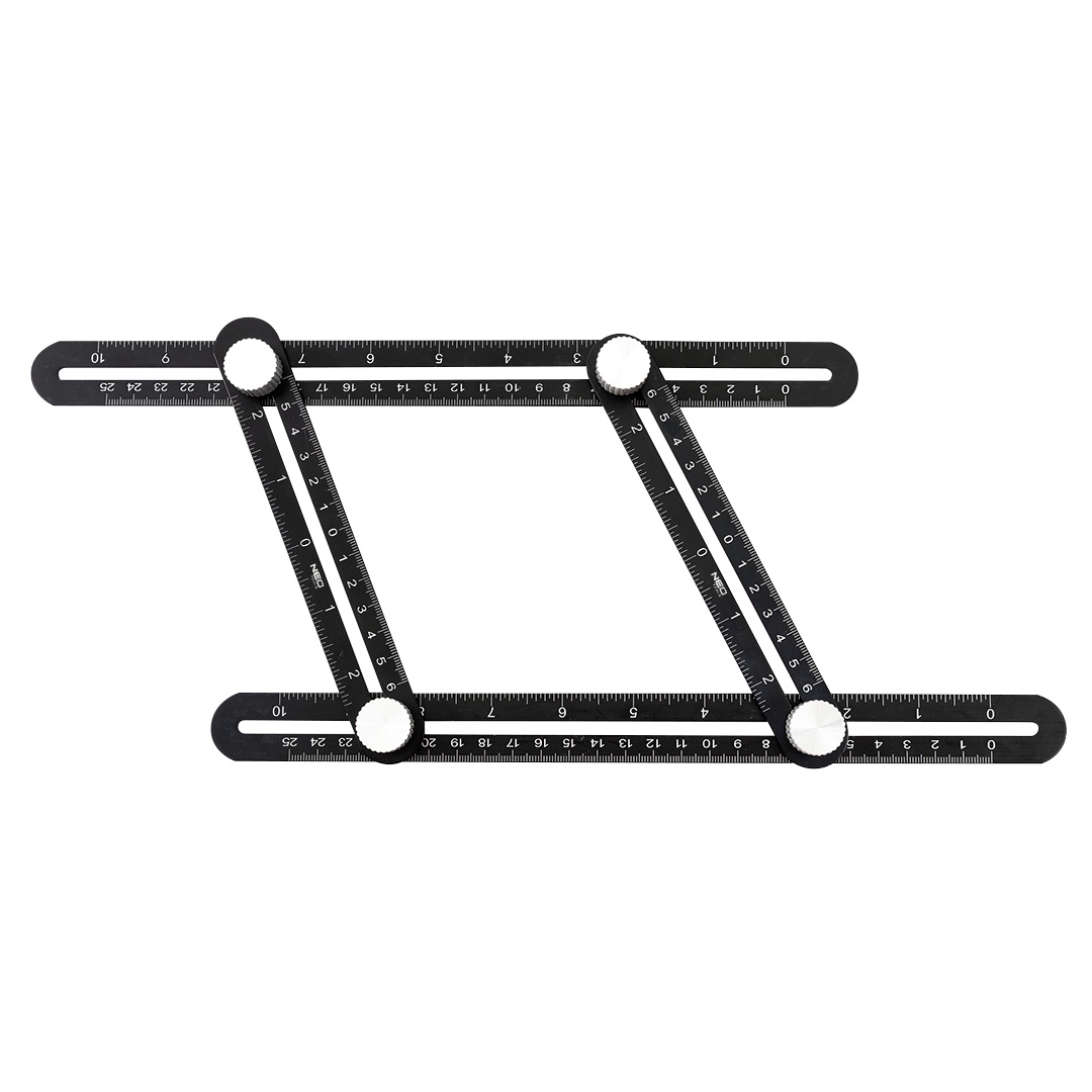 TOP-72-350--Linijka kątowa, 4 ramiona, aluminium, podziałka w cm i inch, wykonany ze stopu aluminium, odporny na upadki, trwały, dwie dłuższe linijki o długości 25cm, krótsze ramiona z podziałką od 0 do 6 cm w obu kierunkach, zastosowanie: odwzorowywanie i przen
