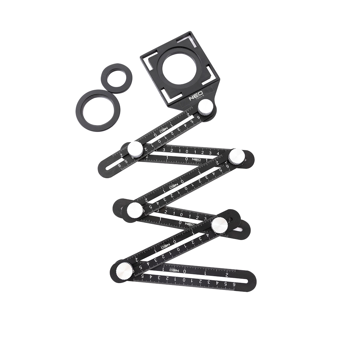 TOP-72-351--Linijka kątowa, 6 ramiona, ramion wykonane z aluminium, szablon otworów wykonany z tworzywa sztucznego (ABS), sześć ramion o długości skali od 0 do 6 cm w obu kierunkach (0-2 cale), wymiary otworów: 2,5 cm, 4 cm, 4,5 cm, podziałka w cm i inch, odporn