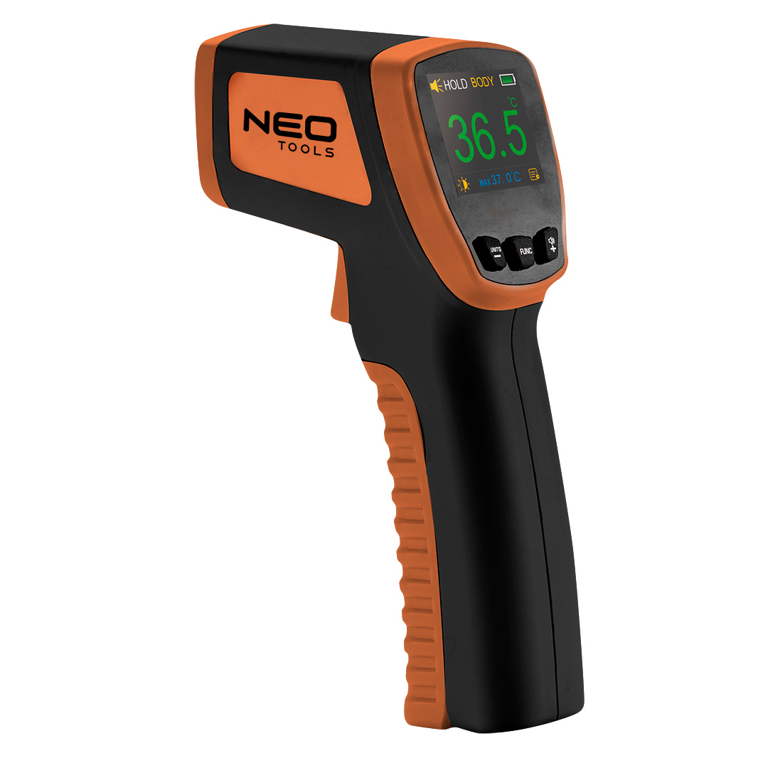 TOP-75-270--Przyrząd do szacowania temperatury, stopień ochrony IP44, odległość pomiaru 5  15 cm, temperatura pracy 16 - 35 °C, zakres pomiarowy 32 - 42,9 °C, dokładność pomiarowa 0,2 °C, obudowa z ABS, kolorowy wyświetlacz, pomiar w stopniach  Celsjusza i Fahre