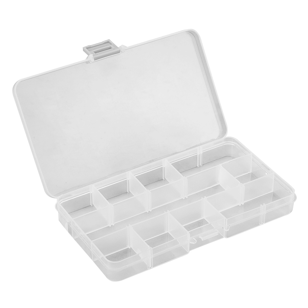 TOP-79R175--Organizer 17.8 x 10.5 x 2.4 cm, wykonany z tworzywa sztucznego, posiada 10 regulowanych przegród, plastikowe zapięcia
