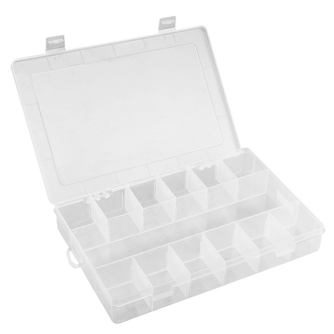 TOP-79R177--Organizer 27.3 x 18.8 x 4.4 cm, wykonany z tworzywa sztucznego, posiada 13 regulowanych przegród, plastikowe zapięcia