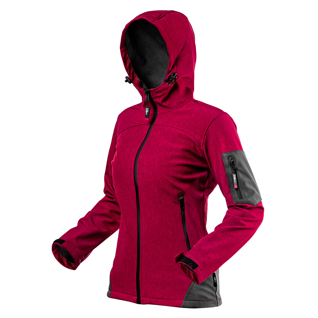 TOP-80-550-M--Kurtka softshell damska, rozmiar M, wykonana z wysokiej jakości tkaniny softshell, z kapturem, wodoodporność 8000 mm, oddychalność 1000 g/m2/24h, wiatrochronna, wodoodporne suwaki, polarowa strona wewnętrzna, ściągacz w dolnym szwie, 3 kieszenie zapi