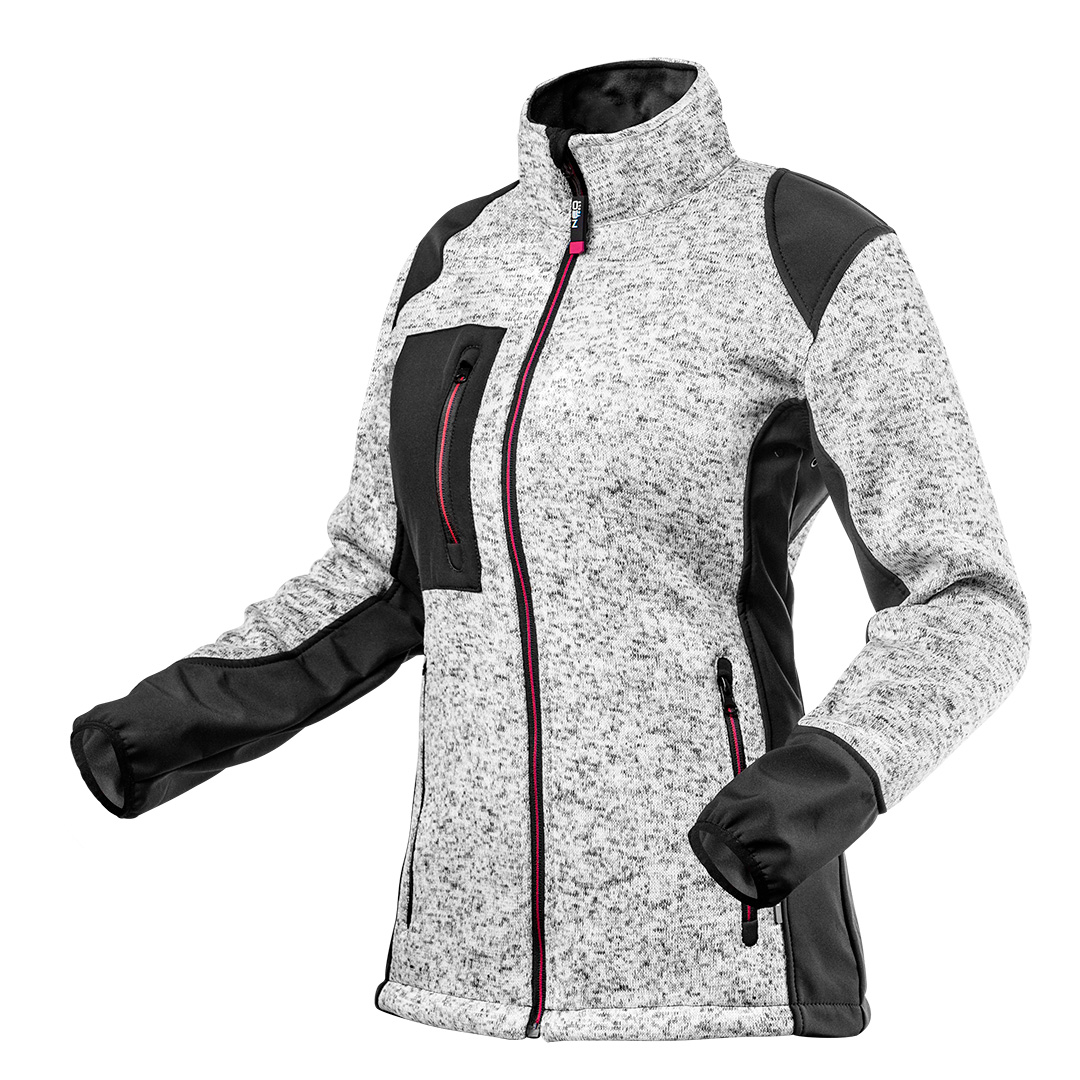 TOP-80-555-XL--Bluza dzianinowa damska, rozmiar XL, wzmocnienie z tkaniny softshell, 3 kieszenie zapinane na suwak, elastyczny ściągacz w rękawach oraz regulowany ściągacz w pasie, miękkie wykończenie wewnętrznej strony, wszywka identyfikacyjna, modna kolorystyka, 