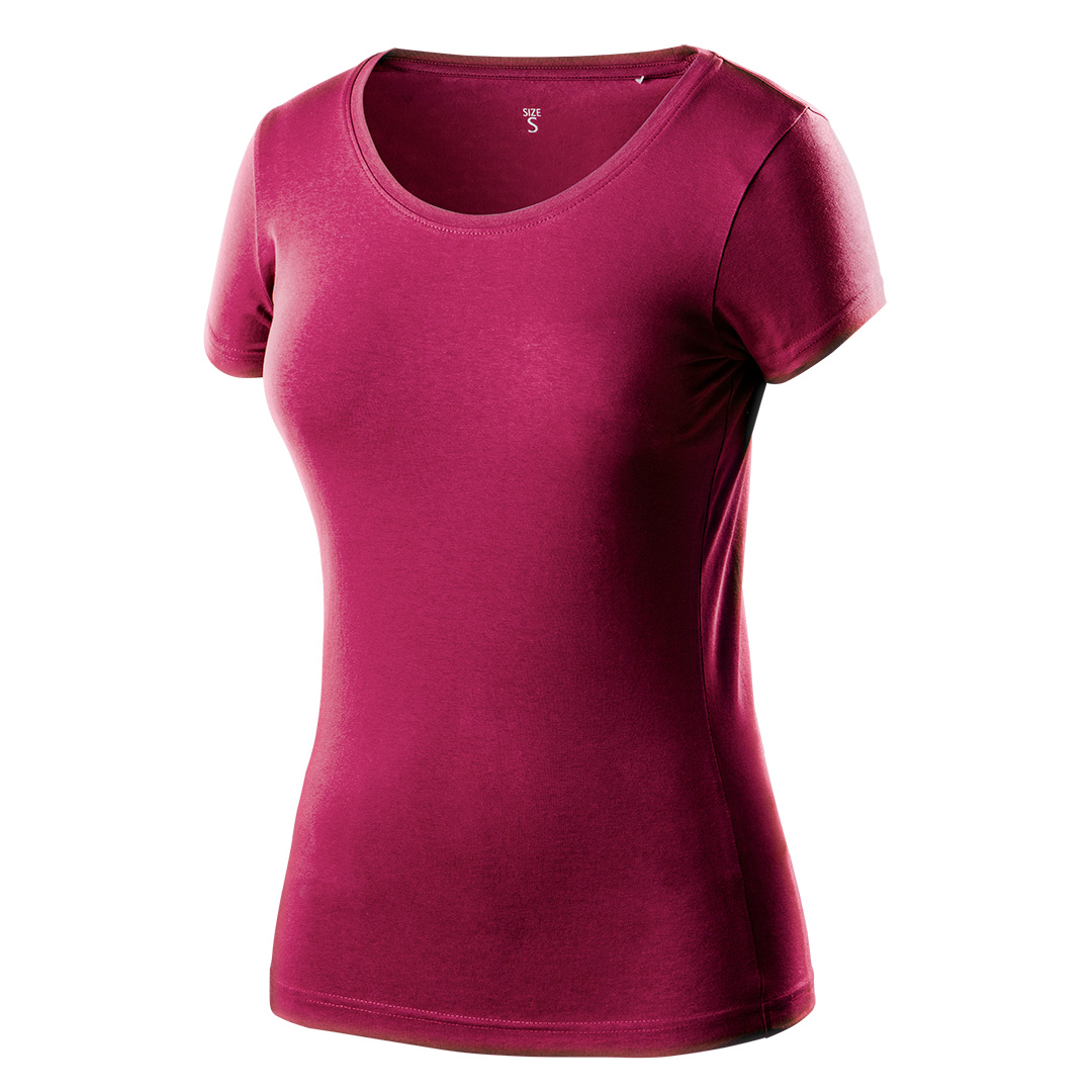 TOP-80-611-S--T-shirt damski bordowy, rozmiar S, 95% bawełna, 5% elastan, 180 g/m2, okrągły dekolt, modna kolorystyka,  certyfikatCE