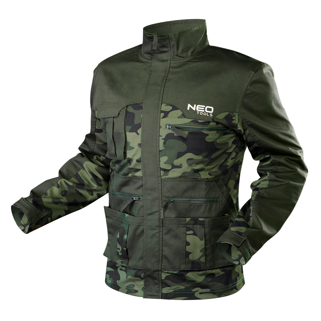 TOP-81-211-XXXL--Bluza robocza CAMO, rozmiar XXXL, 60% bawełna, 40% poliester, 255 g/m2,  wielofunkcyjne kieszenie, kieszenie zapinane na suwak lub rzep, plisa zakrywająca suwak, wszywka identyfikacyjna, regulacja obwodu mankietu, wysoka stójka, unikalny wzór moro, c