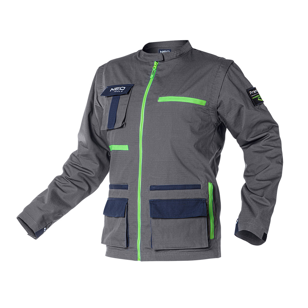 TOP-81-217-XXL--Bluza robocza PREMIUM, 100% bawełna,  tkanina ripstop, gramatura 210 g/m2, możliwość połączenia ze spodniami 81-227 w kombinezon, bluza z odpinanymi rękawami- może być używana również jako kamizelka, stójka, neonowy suwak, pojemne kieszenie zapinane 