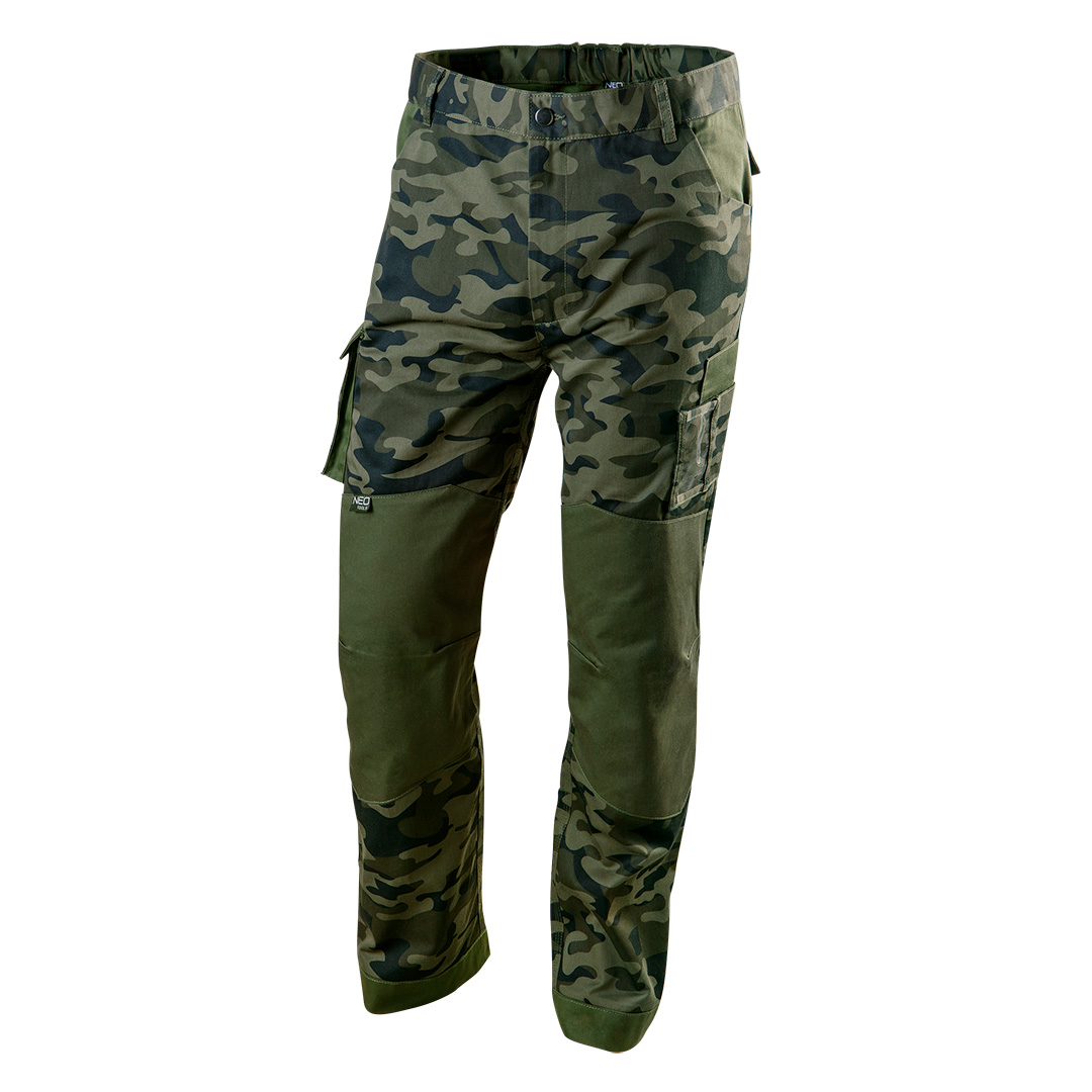 TOP-81-221-XS--Spodnie robocze CAMO, rozmiar XS,  60% bawełna, 40% poliester, 255 g/m2,  wielofunkcyjne kieszenie, kieszeń na identyfikator, wzmocnione kolana z kieszenią na nakolanniki, profilowane kolana, guma w pasie, potrójne szwy, wszywka identyfikacyjna, unik