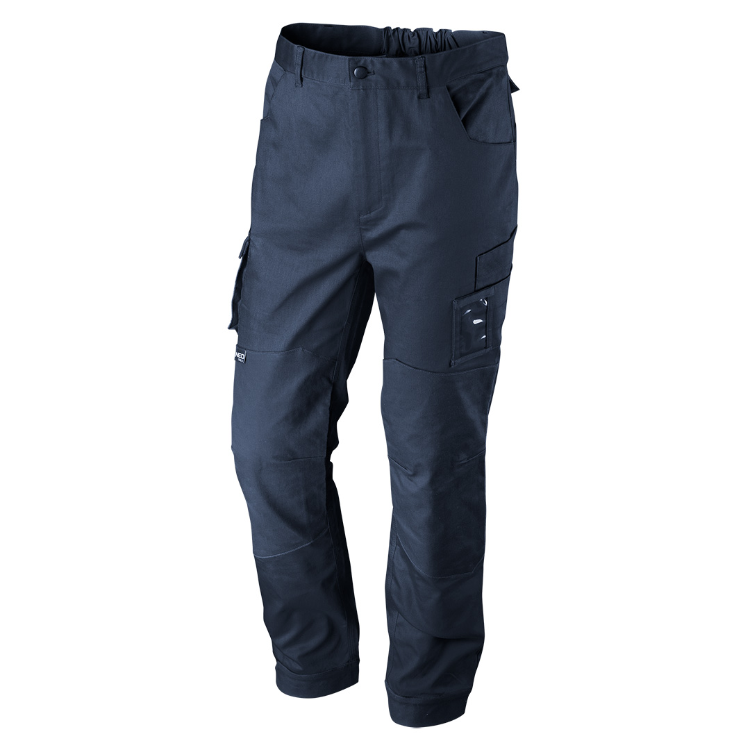 TOP-81-224-S--Spodnie robocze Navy, rozmiar S, Skład 60% bawełna, 37% poliester, 3% elastan, Gramatura 255 g/m2, Uniwersalny granatowy kolor, Wielofunkcyjne kieszenie, Kieszeń na identyfikator, Wzmocnione kolana z kieszenią na nakolanniki , Profilowane kolana , Gu