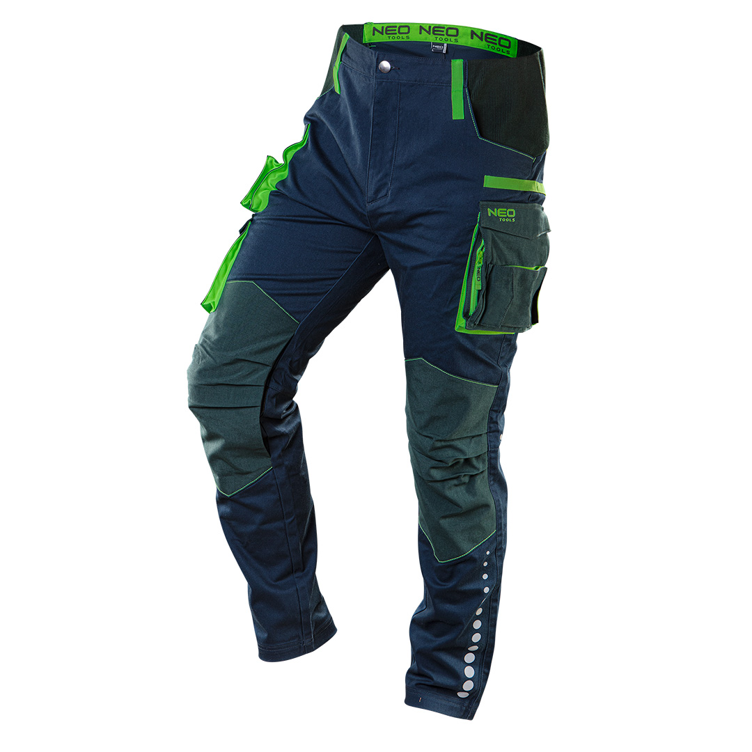 TOP-81-226-L--Spodnie robocze PREMIUM, materiał główny 62% bawełna, 35% poliester, 3% elastan, gramatura 270 g/m2; dzianian ribowa 92% bawełna, 8% elastan, gramatura 360 g/m2, wzmocnienia Cordura, materiał z dodatkiem elastanu zwiększa komfort pracy, elastyczne pa
