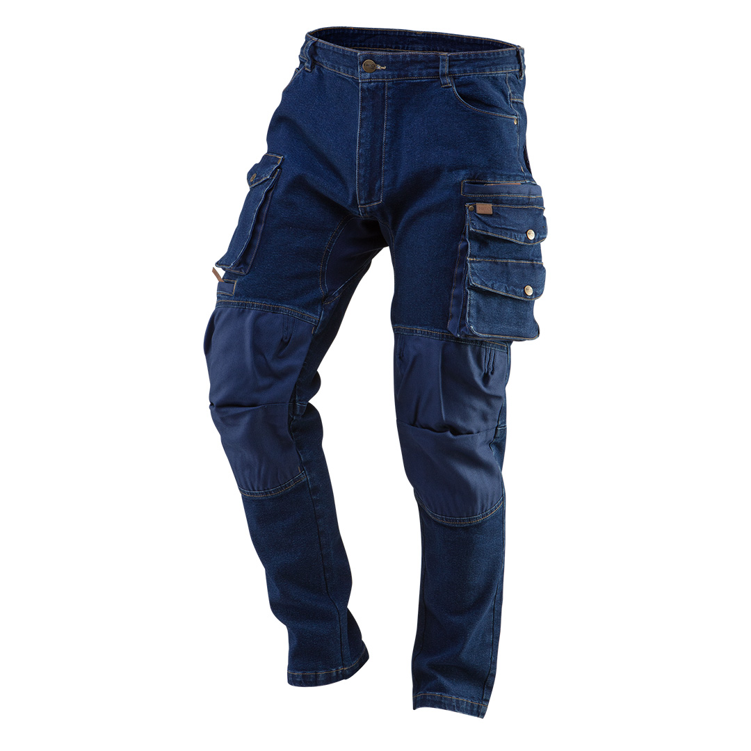 TOP-81-228-XS--Spodnie robocze DENIM, wzmocnienia na kolanach, dodatek elastanu zapewnia lepsze dopasowanie i większy komfort noszenia, kieszeń na nakolanniki wzmocniona bawełnianym Oxfordem, wielofunkcyjne i pojemne kieszenie, kieszenie wzmocnione bawełnianym Oxfo