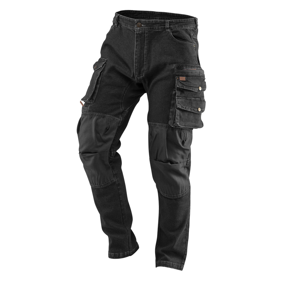 TOP-81-236-M--Spodnie robocze DENIM, czarne, wzmocnienia na kolanach, 98% bawełna, 2% elastan, dodatek elastanu zapewnia lepsze dopasowanie i większy komfort noszenia, wielofunkcyjne i pojemne kieszenie, w kroku i pod kolanem panel z bawełnianego Oxfordu podnosząc