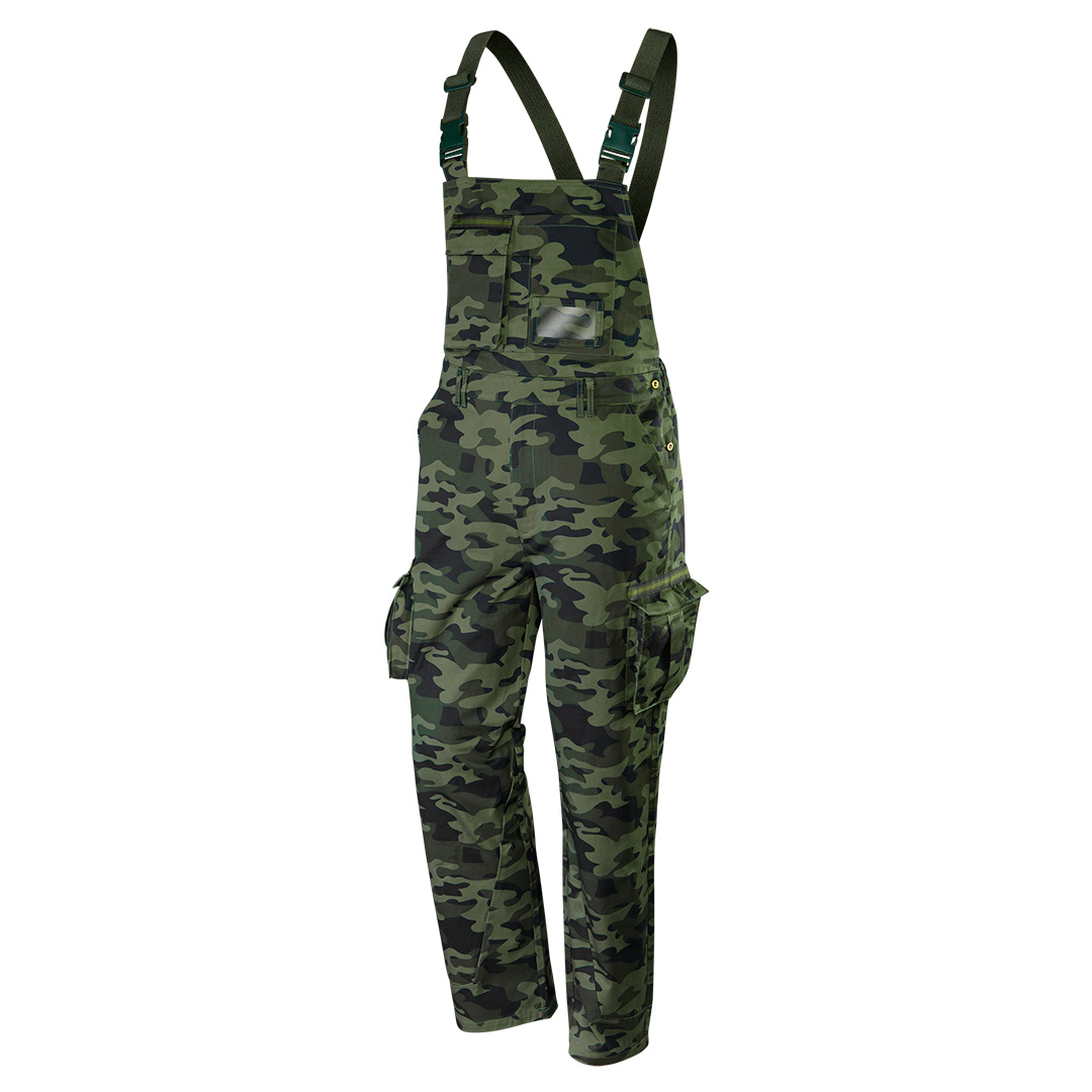 TOP-81-241-L--Ogrodniczki robocze CAMO, rozmiar L, 60% bawełna, 40% poliester, 255 g/m2,  wielofunkcyjne kieszenie, kieszenie zapinane rzep, kieszeń na identyfikator, kieszeń na długopis, elastyczny pas, elastyczne szelki, wszywka identyfikacyjna, unikalny wzór mo