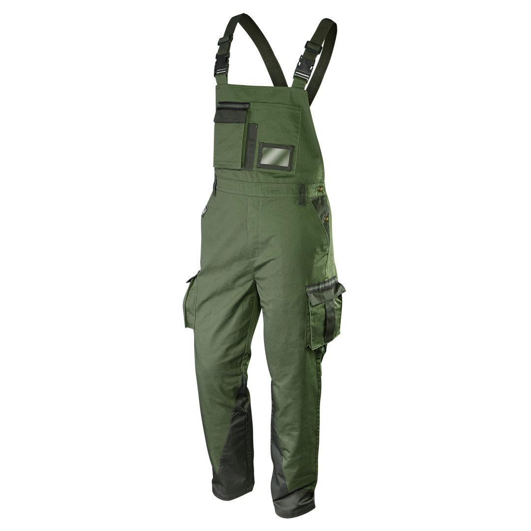TOP-81-242-M--Ogrodniczki robocze CAMO olive olive olive, rozmiar M, 60% bawełna, 40% poliester, 255 g/m2,  wielofunkcyjne kieszenie, kieszenie zapinane rzep, kieszeń na identyfikator, kieszeń na długopis, elastyczny pas, elastyczne szelki, wszywka identyfikacyjna