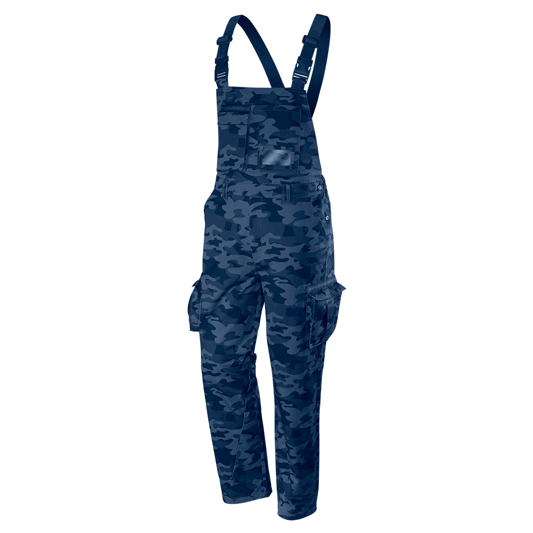 TOP-81-243-XXL--Ogrodniczki robocze CAMO Navy, skład: 60% bawełna, 37% poliester, 3% elastan , unikalny wzór w odcieniach niebieskiego, wielofunkcyjne kieszenie, kieszeń na identyfikator, kieszeń na długopis, elastyczny pas, elastyczne szelki wykonane z gumy, wszywk