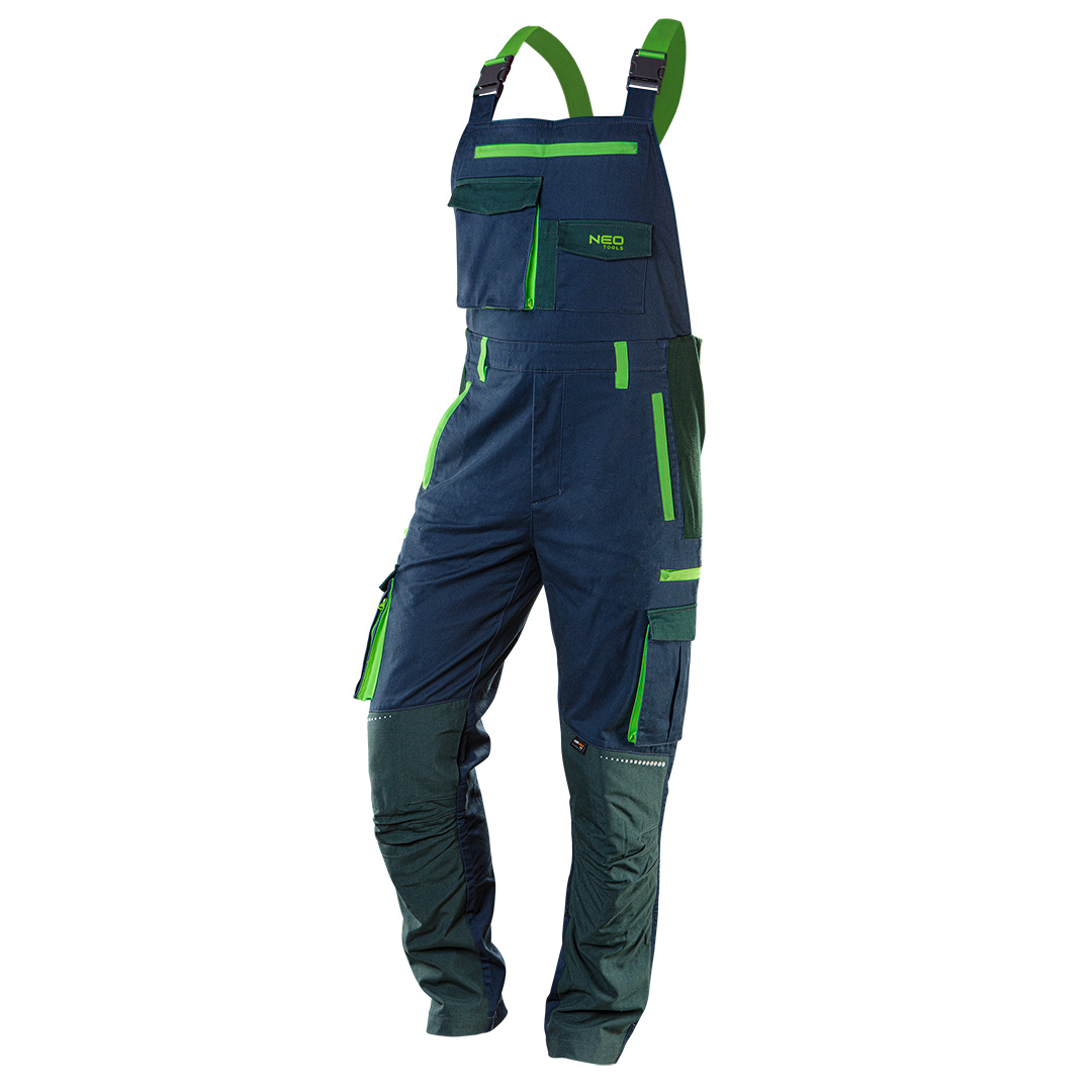 TOP-81-246-L--Ogrodniczki robocze PREMIUM, materiał główny 62% bawełna, 35% poliester, 3% elastan, gramatura 270 g/m2; dzianian ribowa 92% bawełna, 8% elastan, gramatura 360 g/m2, wzmocnienia Cordura, materiał z dodatkiem elastanu zwiększa komfort pracy, elastyczn