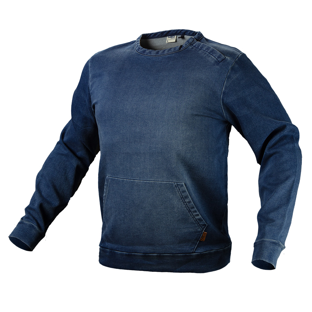 TOP-81-512-XL--Bluza robocza DENIM, rozmiar XL, 77% bawełna, 21% poliester, 2% elastan, 380 g/m2, dziany denim, zapięcie na zatrzaski ukryte pod plisą, pojemna kieszeń "kangurka", wewnętrzna wszywka imienna, unikalny projekt własny, certyfikat CE, zgodnoś