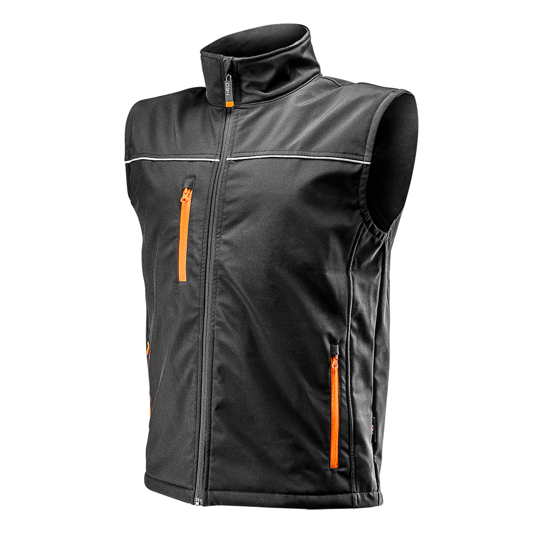 TOP-81-532-M--Bezrękawnik roboczy softshell, rozmiar M, wodoodporny i oddychający materiał, regulowany ściągacz w pasie, elementy odblaskowe, certyfikat CE